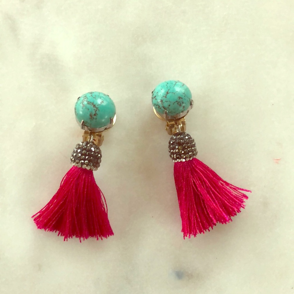 Turquoise, pink tassel earrings clip-on